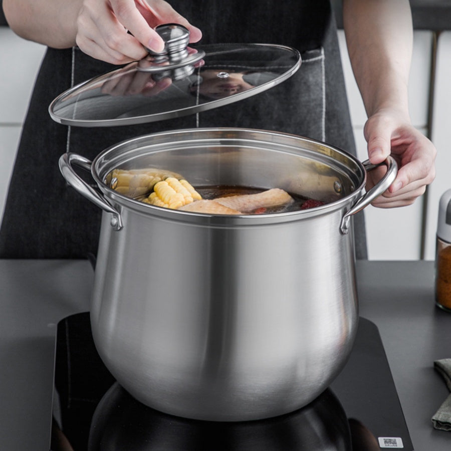 Durable Stainless Steel Soup Pot with Large Capacity, Perfect for Boiling Soup, Making Porridge, Steaming, and Stewing. Compatible with Induction Cookers and Gas Stoves.