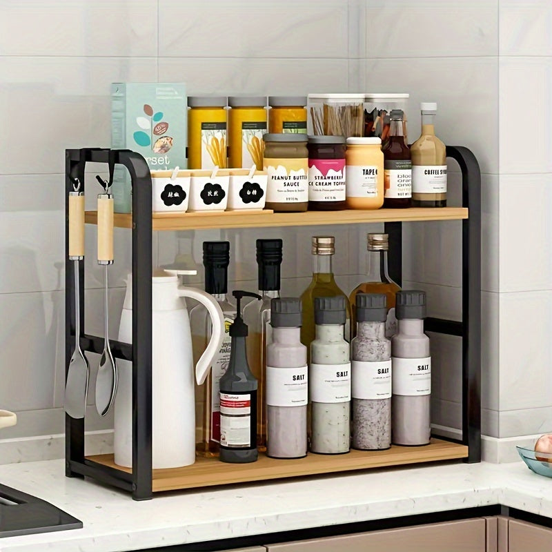 Multifunctional Kitchen Storage Rack Organizer, featuring a combination of wood and metal shelves, made with durable hardwood artificial board and a sturdy metal frame. No electricity required, perfect for organizing kitchen accessories and supplies.