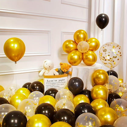 40pcs Black & Golden Latex Balloons with Sequins - Perfect for weddings, birthdays, Valentine's Day, baptisms & more - Festive, elegant and shiny surface balloons, no electricity needed.