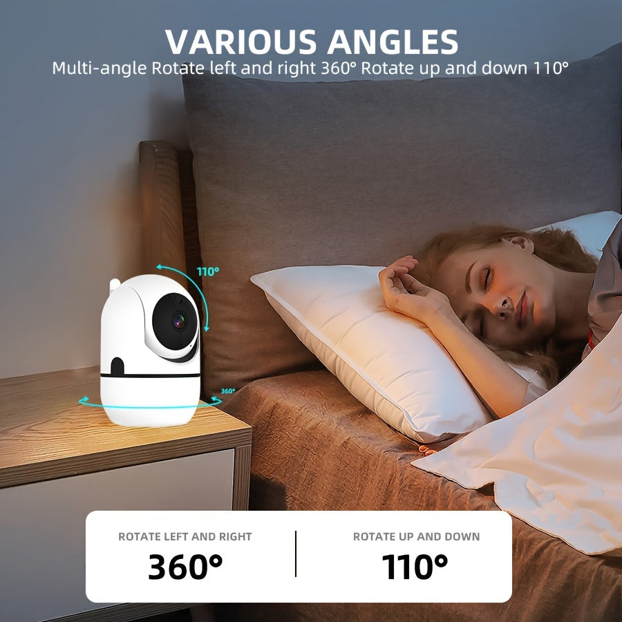 The WJG 2MP HD Security Camera offers 1080P resolution with wireless WiFi connectivity for indoor surveillance. It features pan-tilt zoom, auto-tracking, alarm system, color night vision, and 360° horizontal and 110° vertical rotation. Compatible with