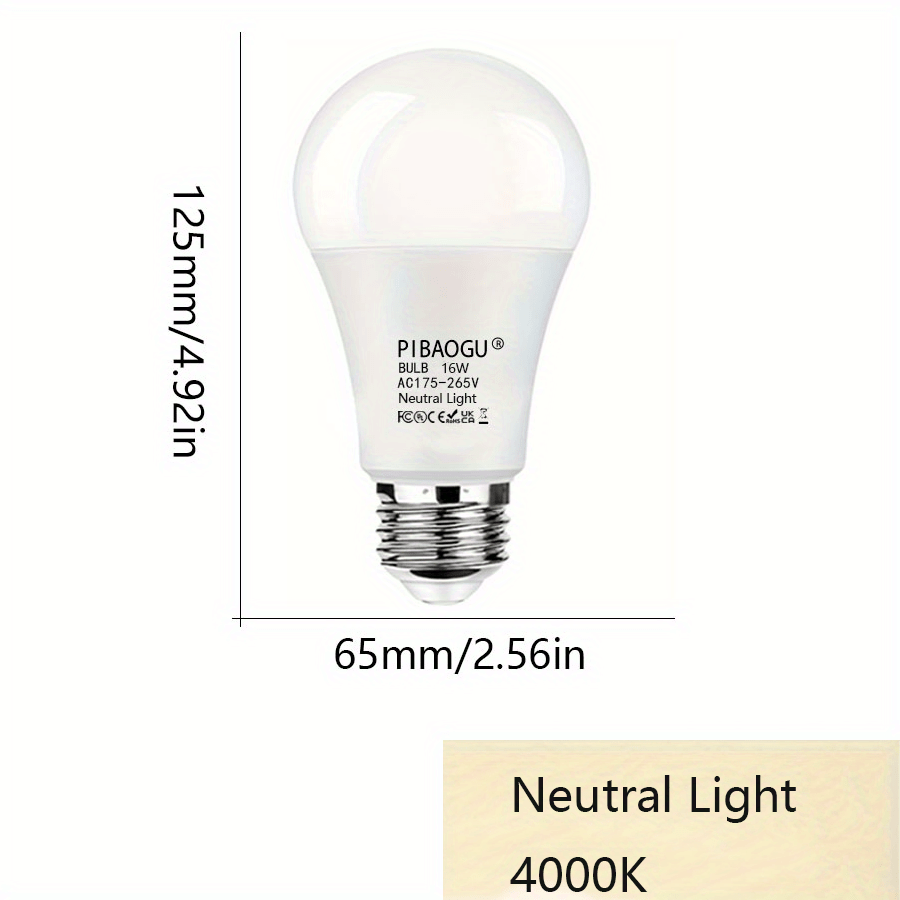 4 LED light bulbs, 220V, 16W, E27 base, non-dimmable, 50000 hour lifetime, for indoor use in kitchen, bedroom, bathroom, porch.