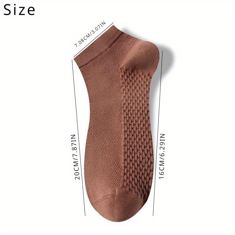 5 pairs of men's ankle socks made from breathable mesh material that is sweat-absorbent and anti-odor. Made from 80% polyester and 20% spandex, perfect for hiking. Solid color design, hand