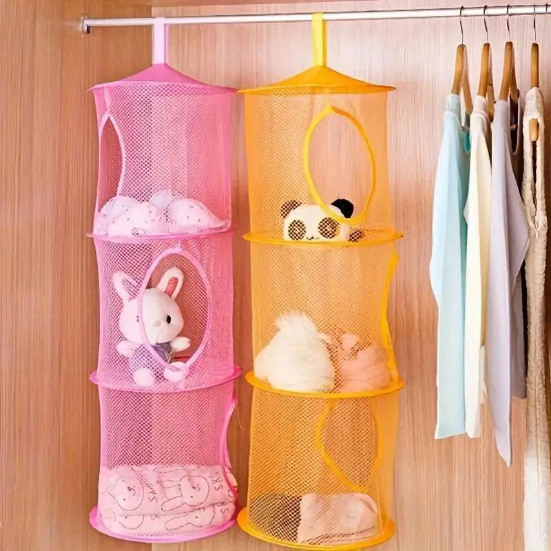 Mesh storage basket with collapsible 3-layer design, ideal for hanging and organizing stuffed dolls, clothes, and accessories. Can be used as a hanging drying rack or for general storage in the wardrobe, bedroom, or bathroom. Complete with mesh fabric