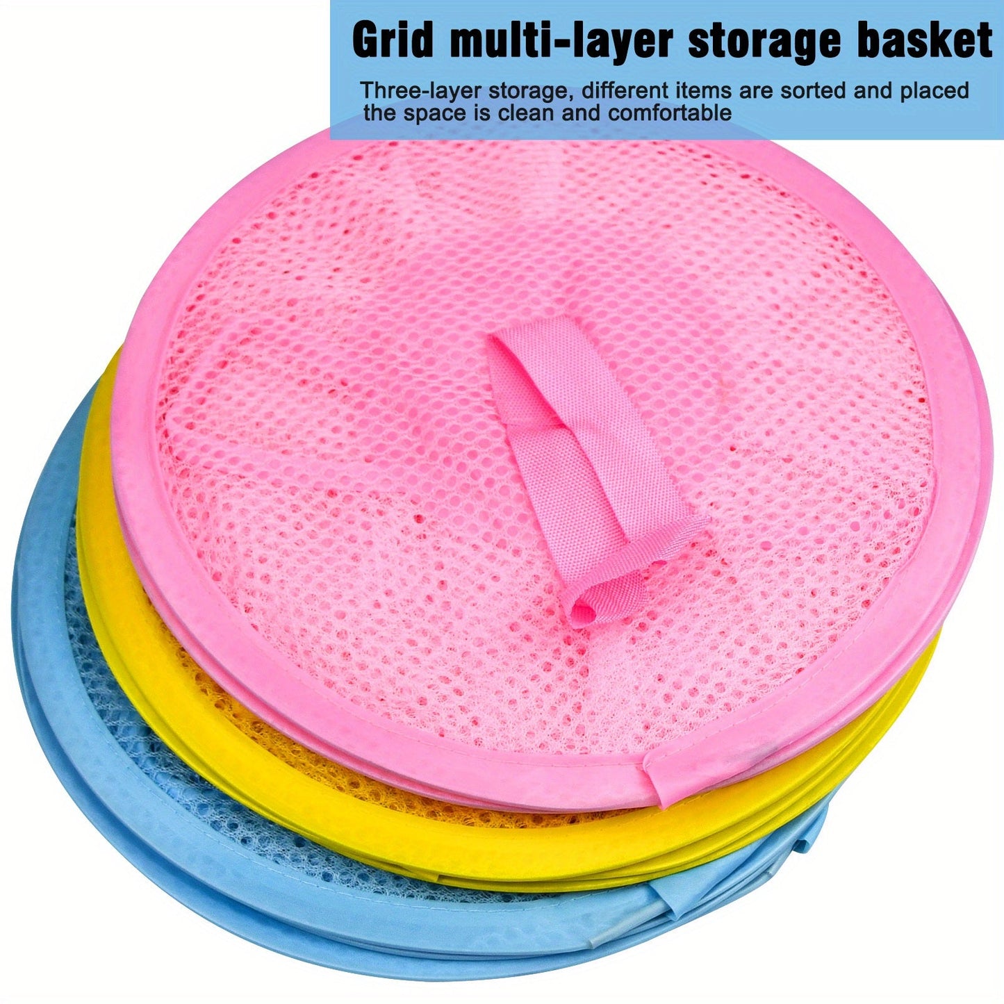 Mesh storage basket with collapsible 3-layer design, ideal for hanging and organizing stuffed dolls, clothes, and accessories. Can be used as a hanging drying rack or for general storage in the wardrobe, bedroom, or bathroom. Complete with mesh fabric