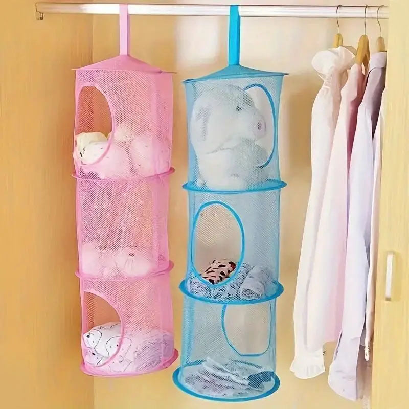 Mesh storage basket with collapsible 3-layer design, ideal for hanging and organizing stuffed dolls, clothes, and accessories. Can be used as a hanging drying rack or for general storage in the wardrobe, bedroom, or bathroom. Complete with mesh fabric