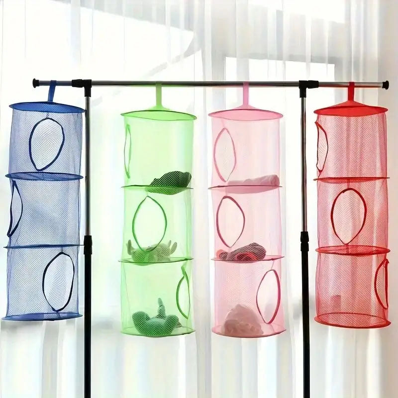 Mesh storage basket with collapsible 3-layer design, ideal for hanging and organizing stuffed dolls, clothes, and accessories. Can be used as a hanging drying rack or for general storage in the wardrobe, bedroom, or bathroom. Complete with mesh fabric