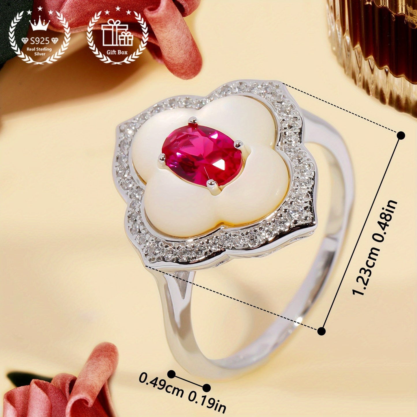 Beautiful 1PC Red Gemstone Cubic Zirconia Ring with Floral Shank and 925S Silvery Band, Perfect Engagement Promise Wedding Ring for Her (Size 8)