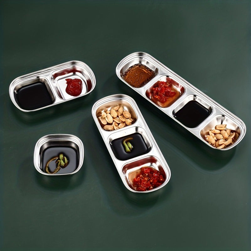 Stainless steel sauce dish for multiple sauces, perfect for steak, seasoning, cheese, and tomato dipping in kitchens and restaurants.