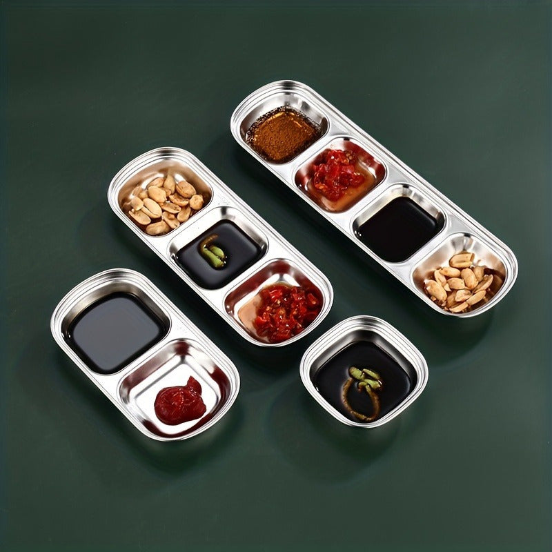 Stainless steel sauce dish for multiple sauces, perfect for steak, seasoning, cheese, and tomato dipping in kitchens and restaurants.