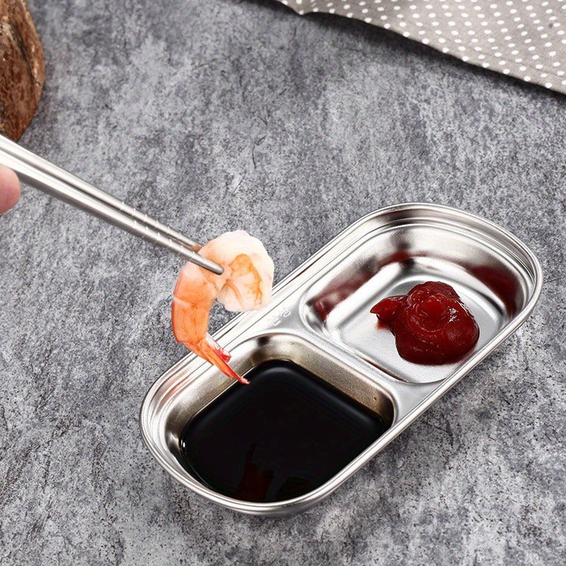 Stainless steel sauce dish for multiple sauces, perfect for steak, seasoning, cheese, and tomato dipping in kitchens and restaurants.