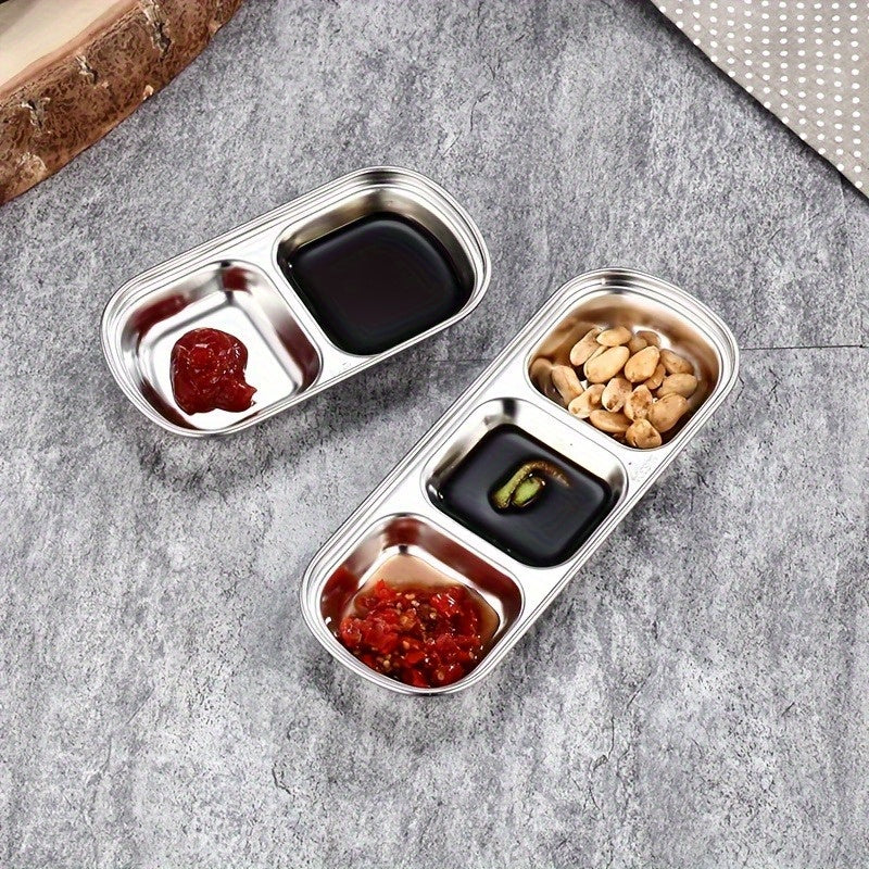 Stainless steel sauce dish for multiple sauces, perfect for steak, seasoning, cheese, and tomato dipping in kitchens and restaurants.