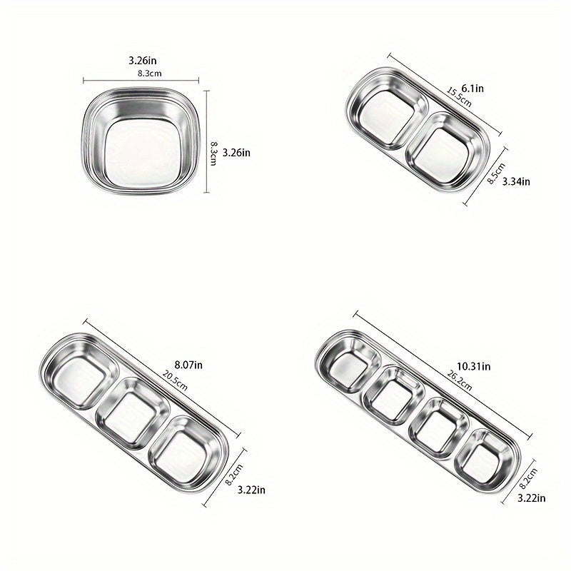 Stainless steel sauce dish for multiple sauces, perfect for steak, seasoning, cheese, and tomato dipping in kitchens and restaurants.