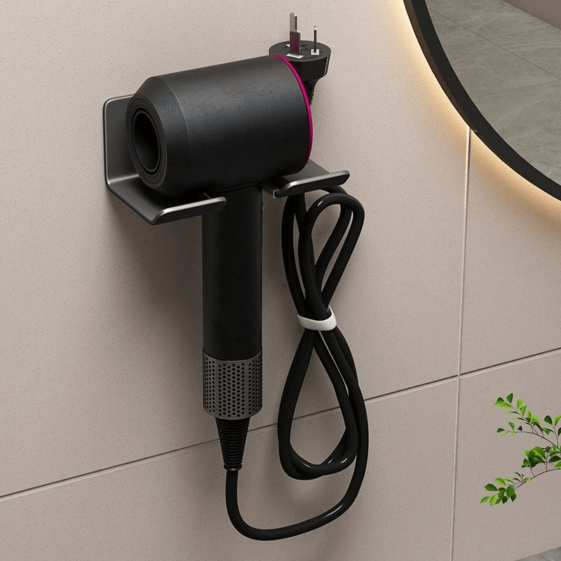 Wall-mounted storage rack keeps hair dryer and accessories neat without drilling.