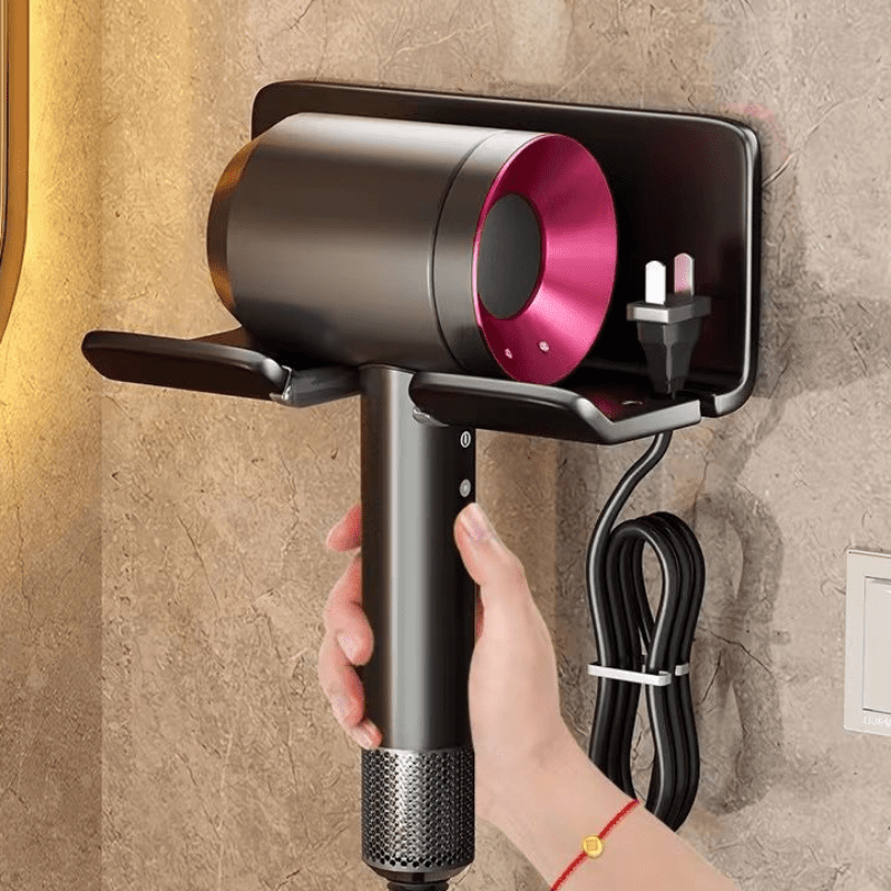 Wall-mounted storage rack keeps hair dryer and accessories neat without drilling.