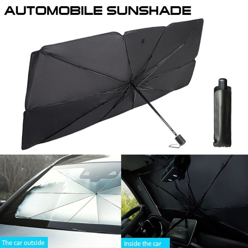 Shield your car from the sun with this convenient, foldable windshield sunshade.