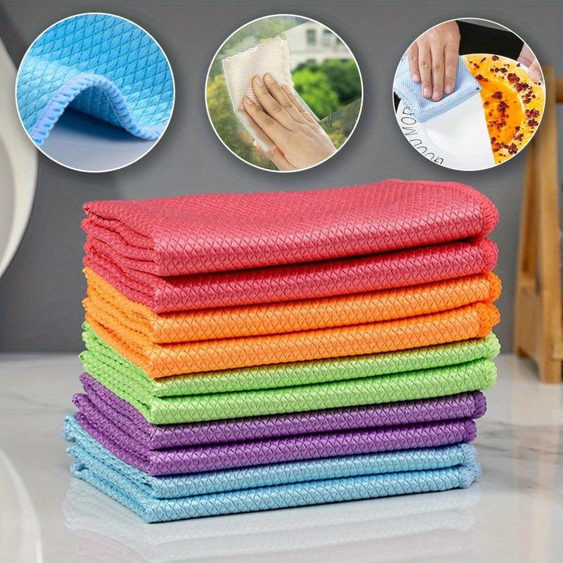 Magic cleaning cloths for fish scales - 10 pack. Reusable and streak-free for glass, mirrors, and dishes. Perfect for kitchen, living room, and car cleaning. Can also be used for screens and other surfaces. A must-have cleaning tool.