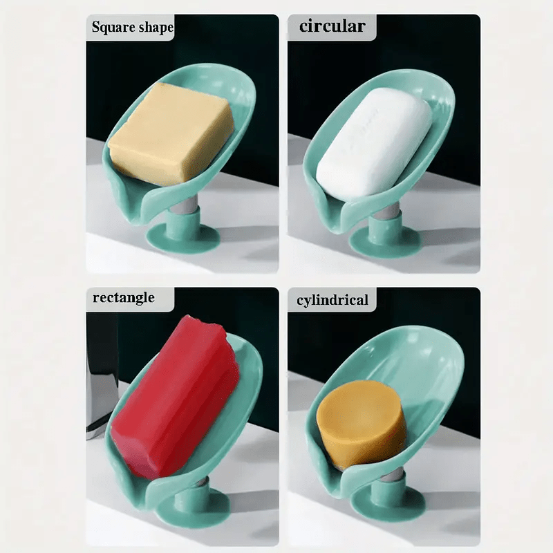 Plastic leaf-shaped soap holder with standing suction cup design, no punching needed. Water-resistant soap dish for bathroom.