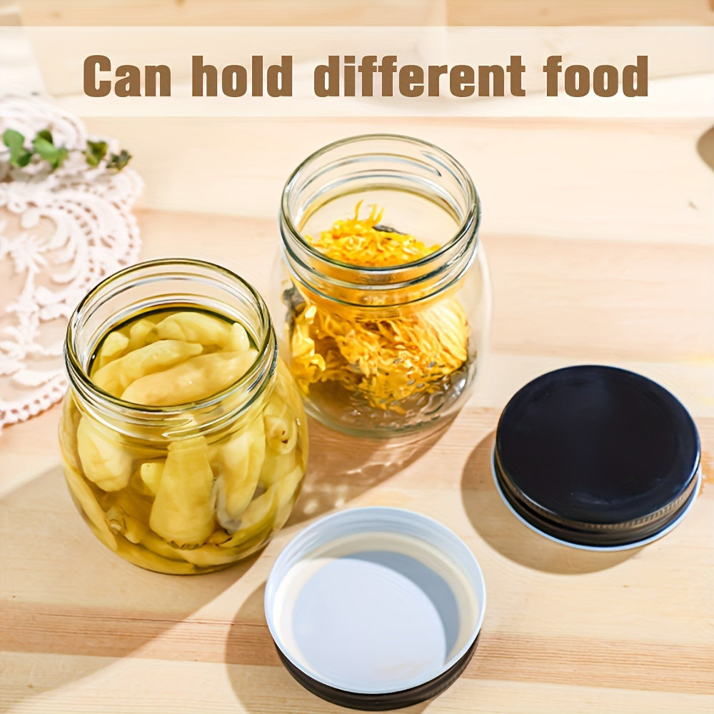 Set of 12 reusable sealing lids made of cast iron, designed for all-in-one use on Mason jars. These leak-proof storage covers are perfect for wide mouth jars and come with a space for labeling. Ideal for organizing your kitchen and storing food items.