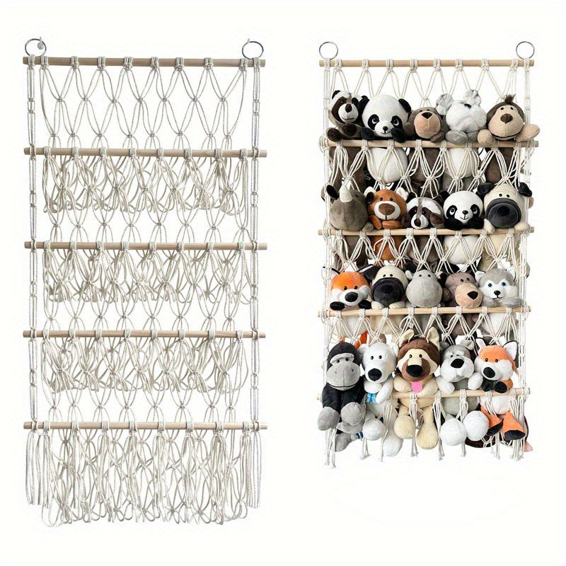 4-tier bohemian macrame hanging storage organizer with double wooden rods in multicolored woven design, perfect for home decor. Features a toy hammock net basket in beige, blue, purple, and mixed colors, made of wood.