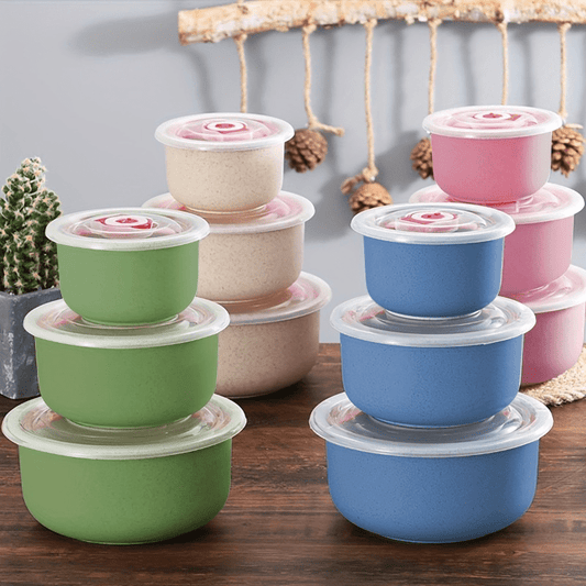 A set of 3 round bento boxes, airtight food storage containers, perfect for lunches. These plastic bowls are manual fresh keeping and can be easily hand washed without the need for electricity.