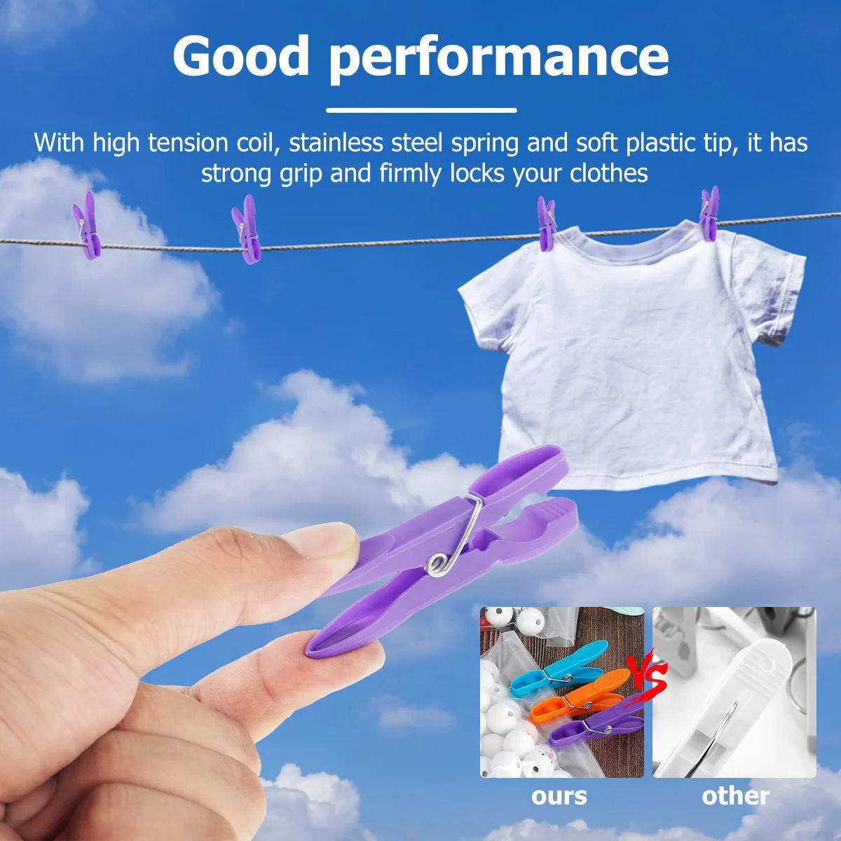 Pack of 24 durable clothes pegs with a strong grip for your washing line. Made from soft plastic, these clothes clips are perfect for home laundry use. Designed to be windproof and reliable, these clothes pins will securely hold your clothes in place.