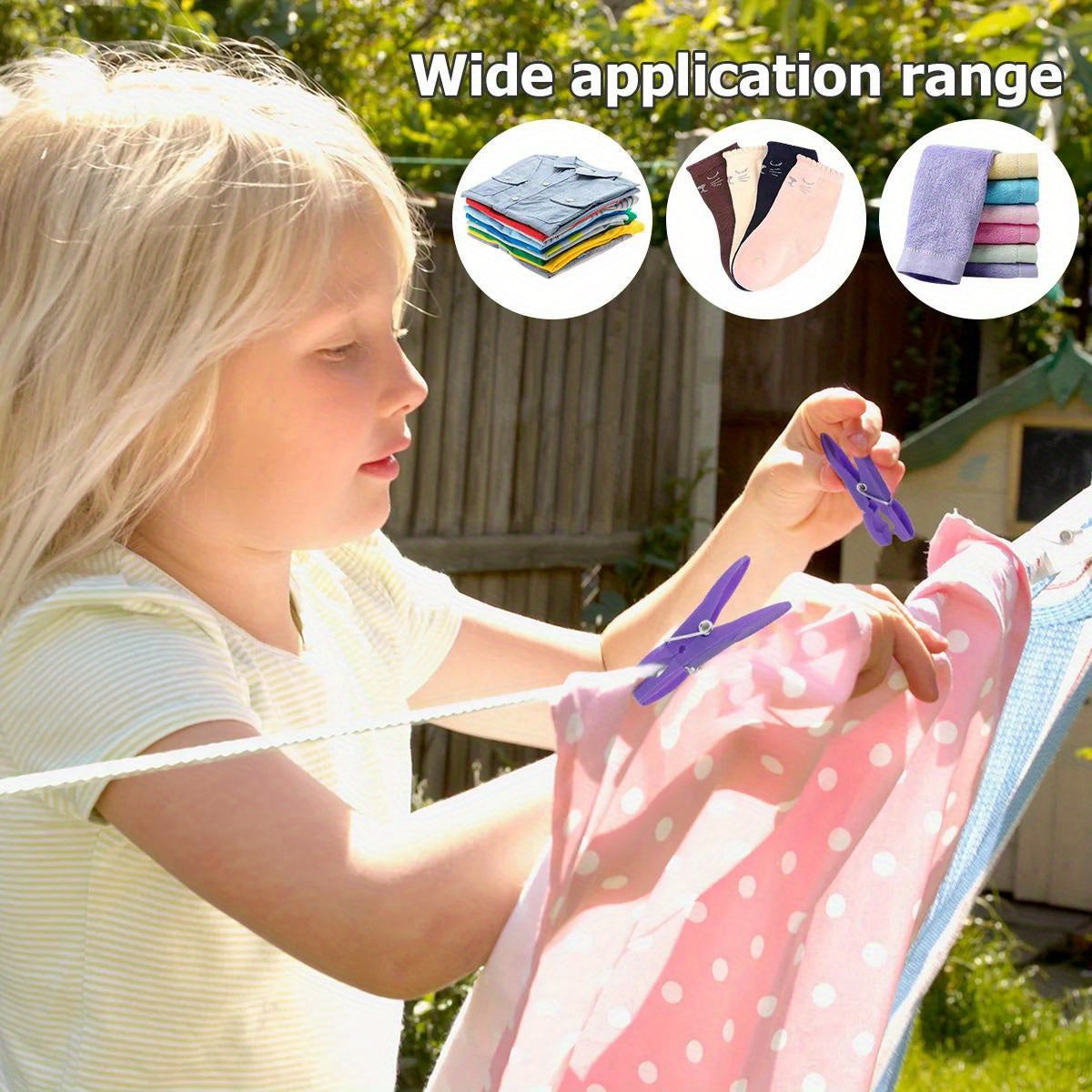 Pack of 24 durable clothes pegs with a strong grip for your washing line. Made from soft plastic, these clothes clips are perfect for home laundry use. Designed to be windproof and reliable, these clothes pins will securely hold your clothes in place.