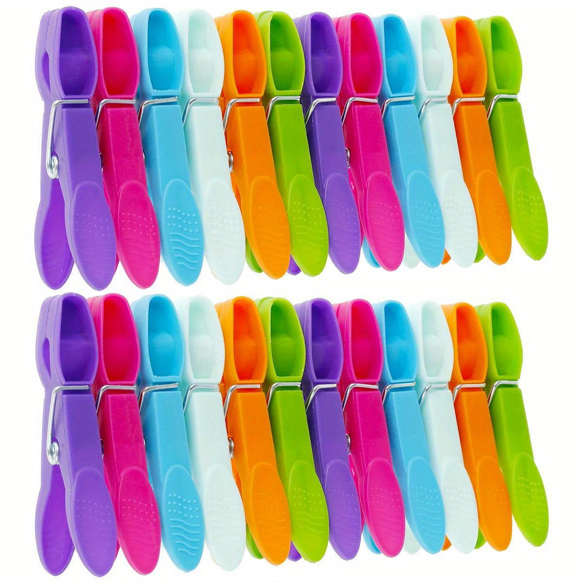 Pack of 24 durable clothes pegs with a strong grip for your washing line. Made from soft plastic, these clothes clips are perfect for home laundry use. Designed to be windproof and reliable, these clothes pins will securely hold your clothes in place.