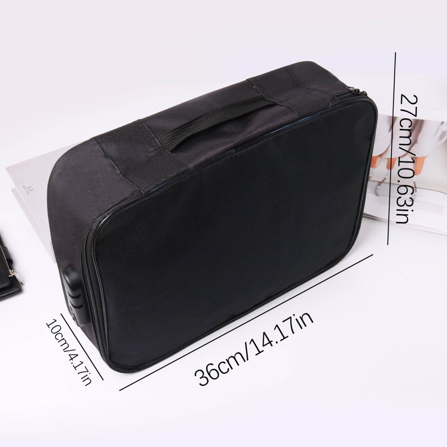 A portable file bag with lock for storing laptops, documents, and certificates. Made of lightweight Oxford cloth with zipper closure and polyester lining. Perfect for travel and keeping