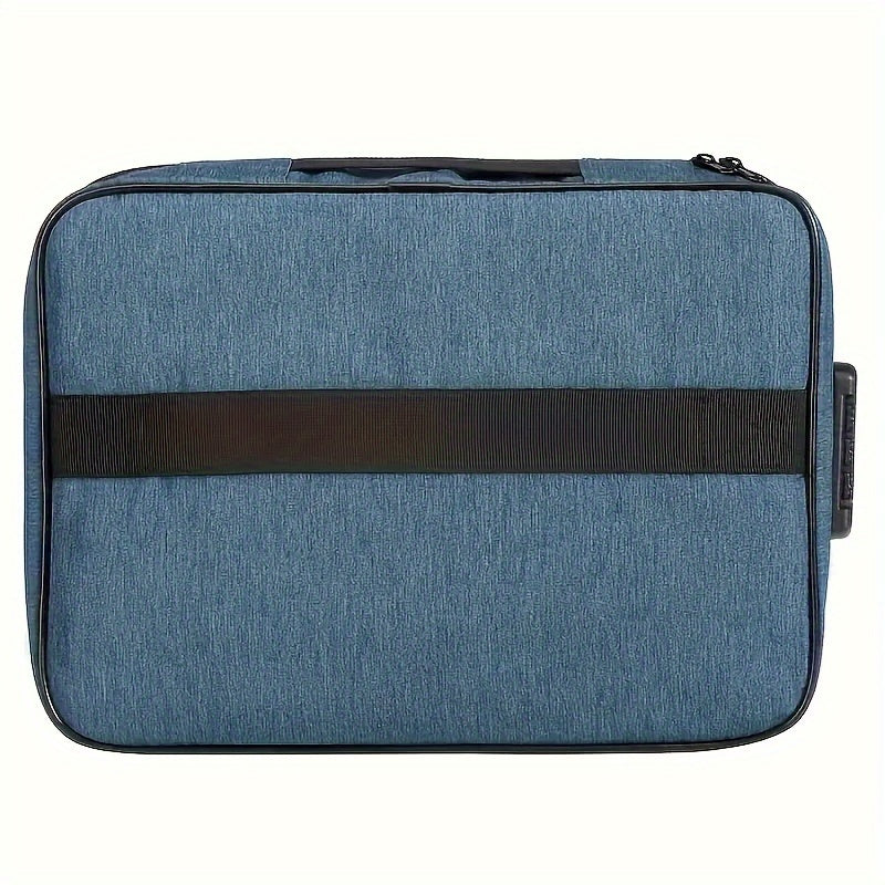 A portable file bag with lock for storing laptops, documents, and certificates. Made of lightweight Oxford cloth with zipper closure and polyester lining. Perfect for travel and keeping