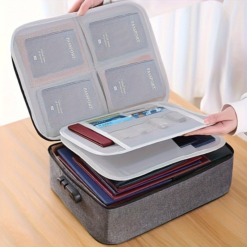 A portable file bag with lock for storing laptops, documents, and certificates. Made of lightweight Oxford cloth with zipper closure and polyester lining. Perfect for travel and keeping