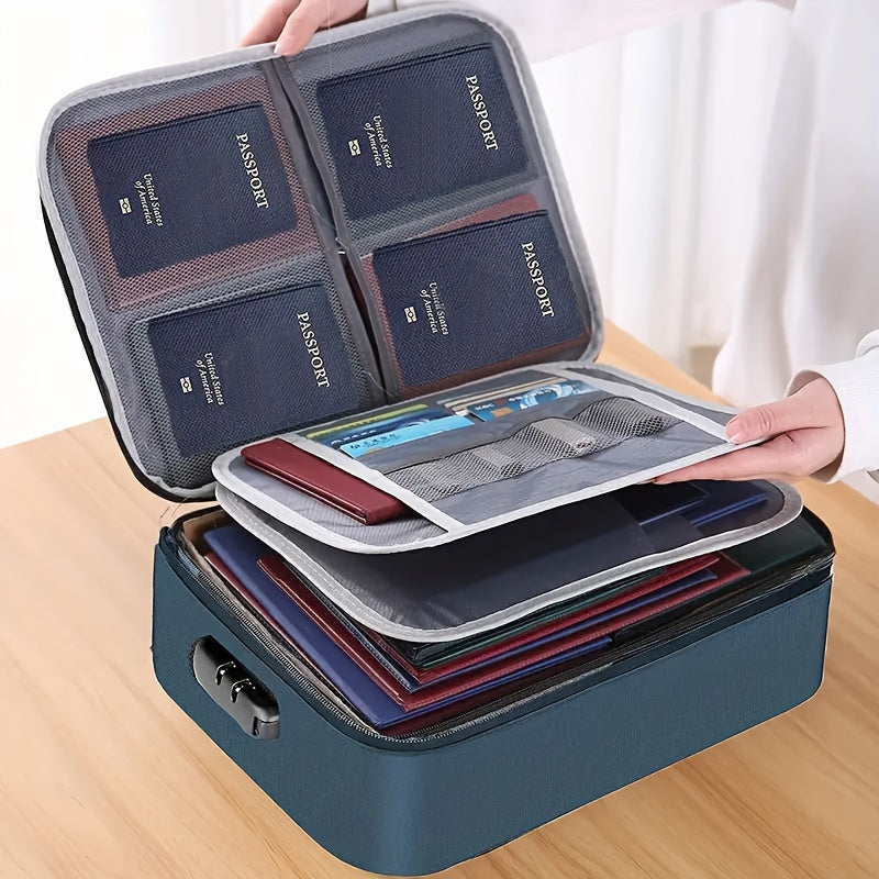 A portable file bag with lock for storing laptops, documents, and certificates. Made of lightweight Oxford cloth with zipper closure and polyester lining. Perfect for travel and keeping