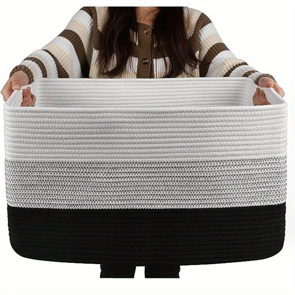 Large rectangular blanket basket made of woven material with dimensions of 54.86cm X 42.93cm X 29.97cm. Ideal for storage, living room organization, and toy storage. Features handles for easy transport. Stylish ombre yellow design.