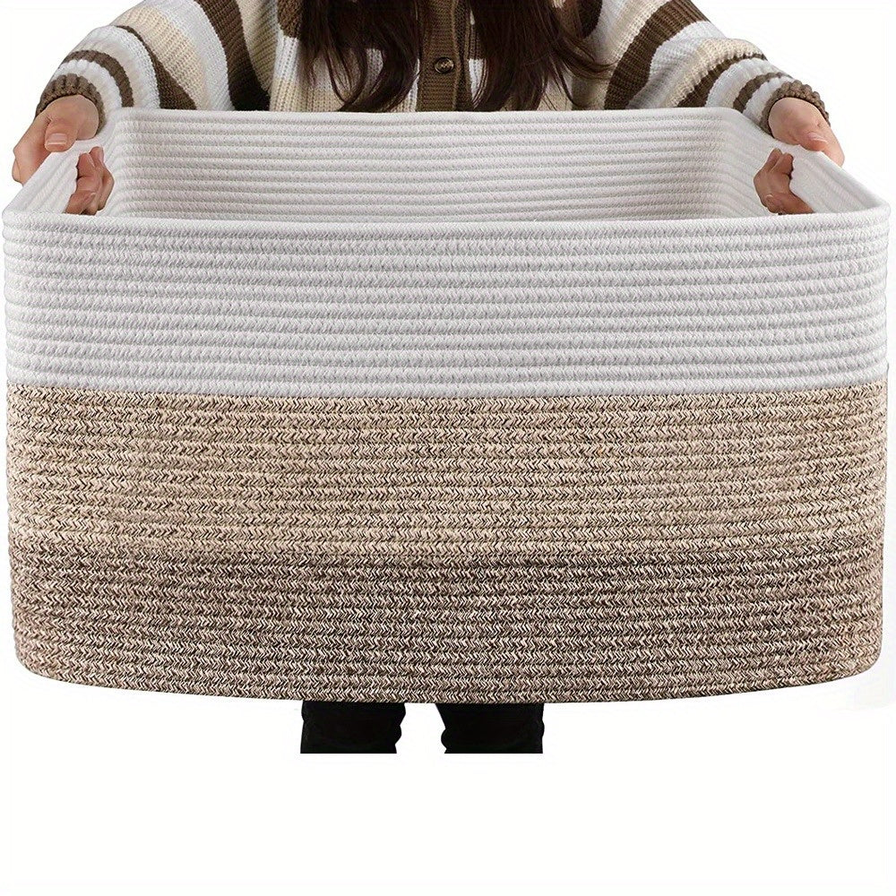 Large rectangular blanket basket made of woven material with dimensions of 54.86cm X 42.93cm X 29.97cm. Ideal for storage, living room organization, and toy storage. Features handles for easy transport. Stylish ombre yellow design.