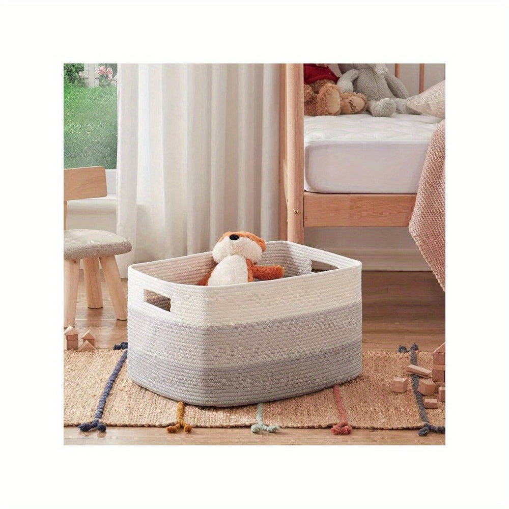 Large rectangular blanket basket made of woven material with dimensions of 54.86cm X 42.93cm X 29.97cm. Ideal for storage, living room organization, and toy storage. Features handles for easy transport. Stylish ombre yellow design.