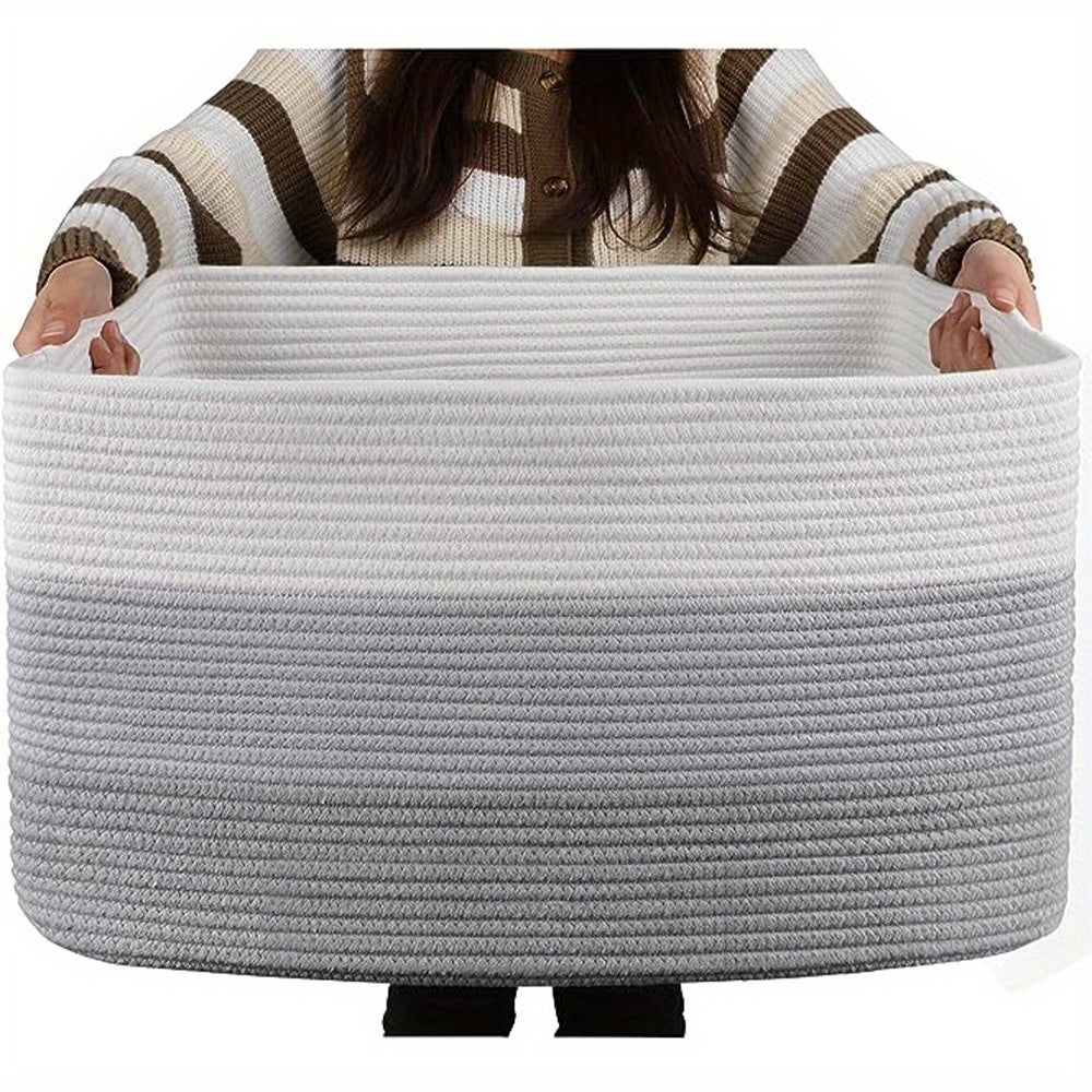 Large rectangular blanket basket made of woven material with dimensions of 54.86cm X 42.93cm X 29.97cm. Ideal for storage, living room organization, and toy storage. Features handles for easy transport. Stylish ombre yellow design.