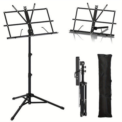 Portable folding music stand for piano, guitar, ukulele, and violin with durable alloy construction.