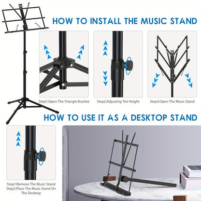 Portable folding music stand for piano, guitar, ukulele, and violin with durable alloy construction.