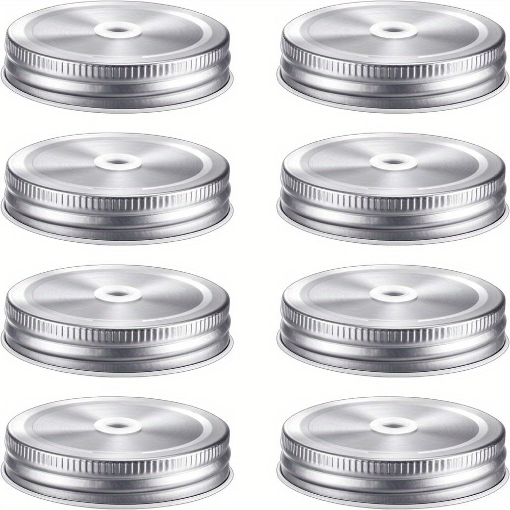 Pack of 8 stainless steel regular mouth mason canning jar lids with leak proof straw hole, measuring 6.86 cm.