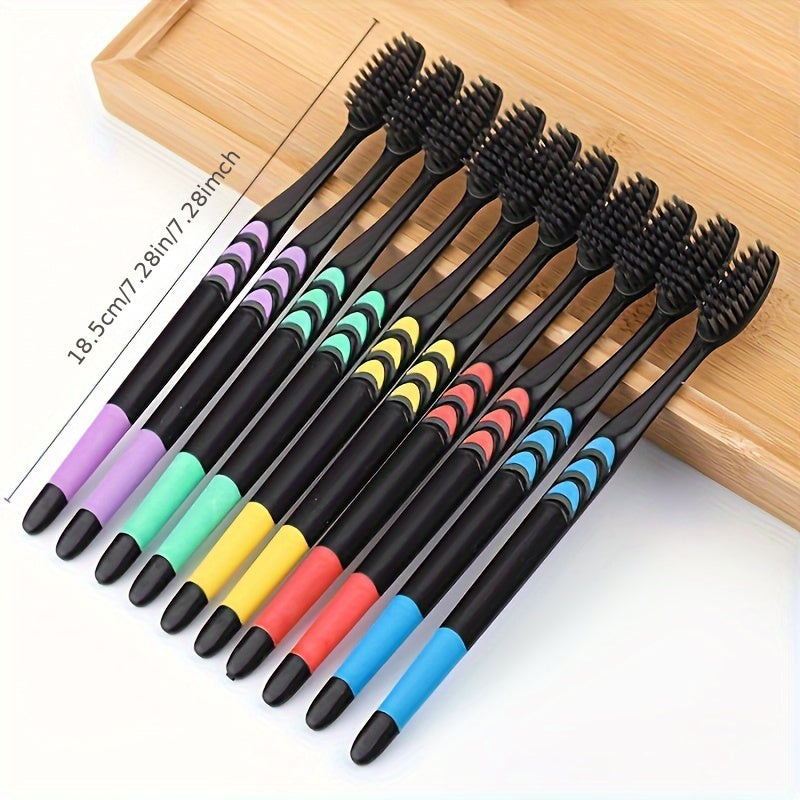 10 bamboo charcoal toothbrushes with soft bristles for deep oral care at home.