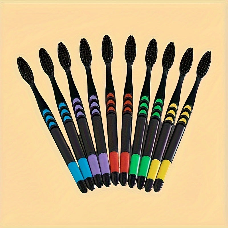 10 bamboo charcoal toothbrushes with soft bristles for deep oral care at home.