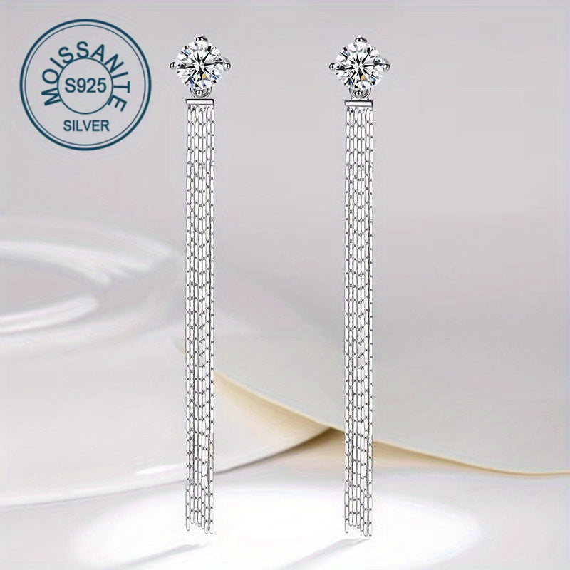 These 925 Sterling Silver stud earrings feature a total of 2 carats of Moissanite stones in a tassel design. They exude a Korean version of simple, yet trendy style, perfect for both men and women. The high-end and creative design showcases a lively and