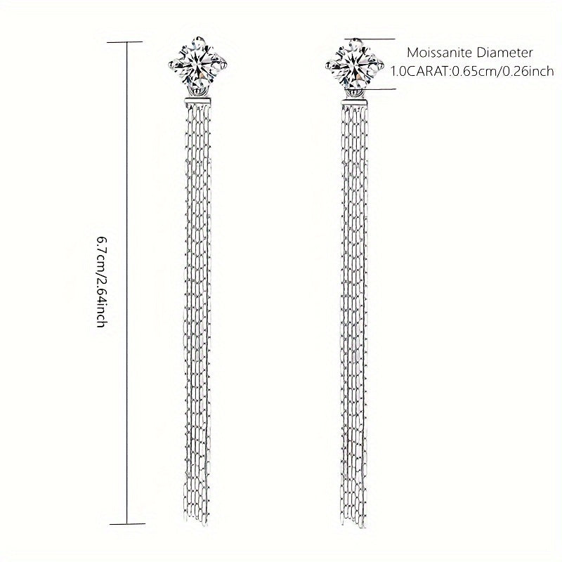 These 925 Sterling Silver stud earrings feature a total of 2 carats of Moissanite stones in a tassel design. They exude a Korean version of simple, yet trendy style, perfect for both men and women. The high-end and creative design showcases a lively and