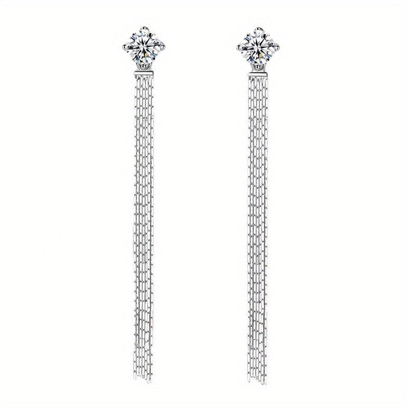 These 925 Sterling Silver stud earrings feature a total of 2 carats of Moissanite stones in a tassel design. They exude a Korean version of simple, yet trendy style, perfect for both men and women. The high-end and creative design showcases a lively and