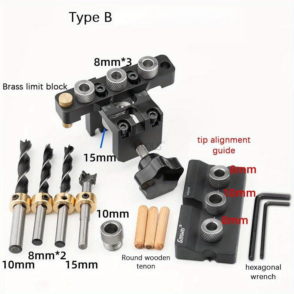 Adjustable doweling jig set for woodworking, includes precision drill guide with 8mm & 10mm bushes for easy alignment and depth control.