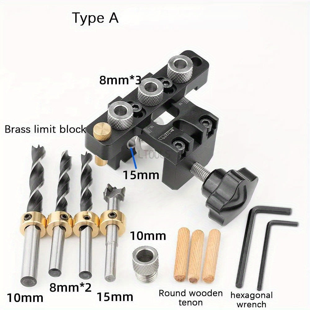 Adjustable doweling jig set for woodworking, includes precision drill guide with 8mm & 10mm bushes for easy alignment and depth control.