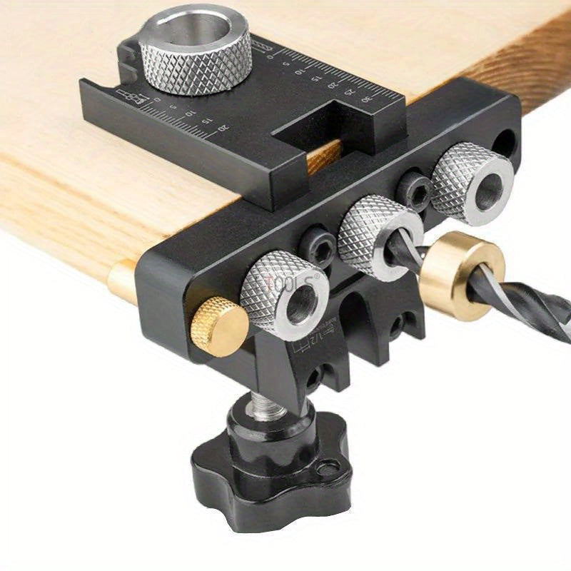 Adjustable doweling jig set for woodworking, includes precision drill guide with 8mm & 10mm bushes for easy alignment and depth control.