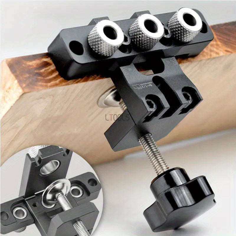 Adjustable doweling jig set for woodworking, includes precision drill guide with 8mm & 10mm bushes for easy alignment and depth control.