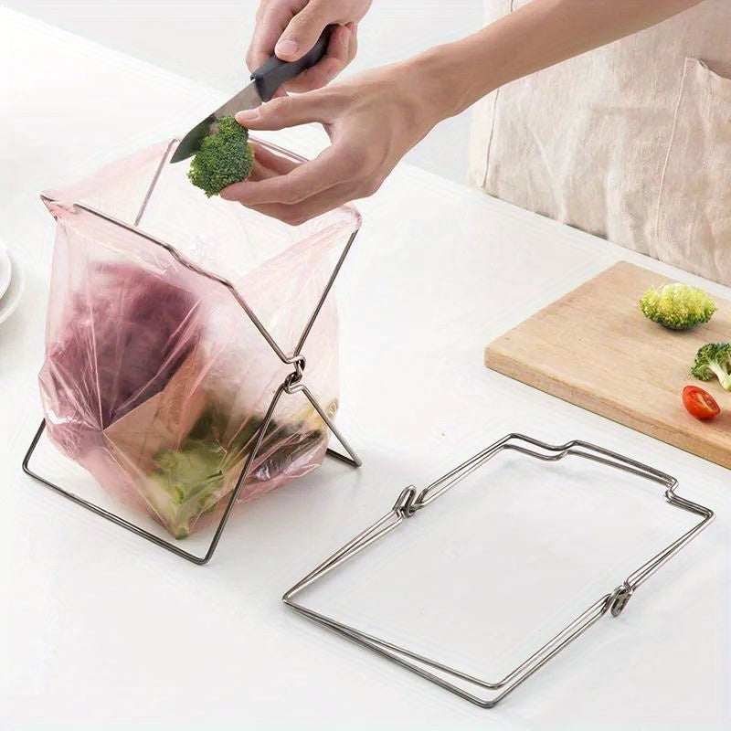 Stainless Steel Garbage Bag Rack Stand with Portable Foldable Hanging Holder for Kitchen Counter - Perfect Kitchen Organizer and Storage Solution with this 1 Piece Plastic Bag Holder