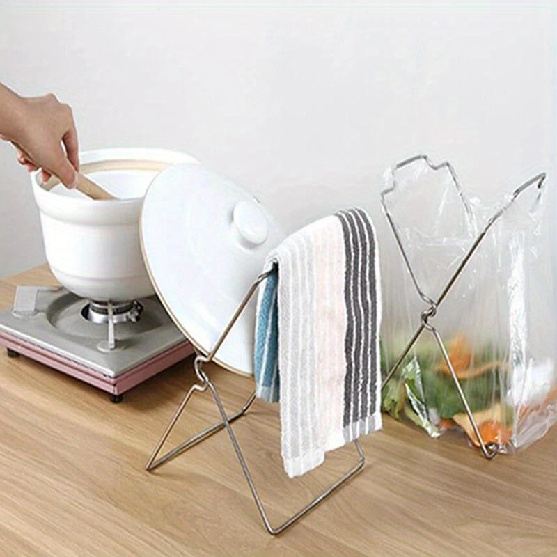 Stainless Steel Garbage Bag Rack Stand with Portable Foldable Hanging Holder for Kitchen Counter - Perfect Kitchen Organizer and Storage Solution with this 1 Piece Plastic Bag Holder