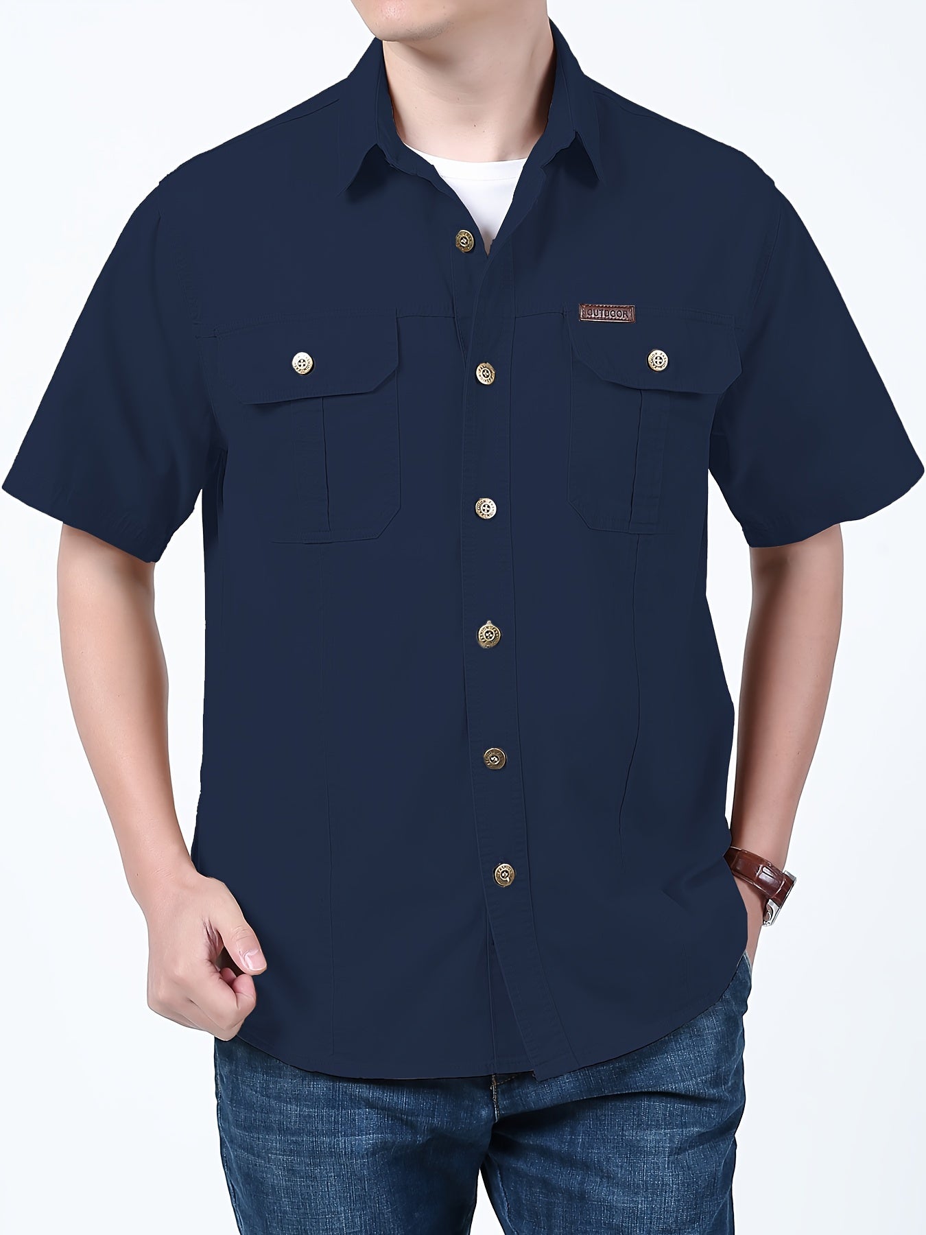 Men's summer casual cotton cargo shirt with solid color, short sleeve, regular fit, lapel collar, double pocket, non-stretch woven fabric, 170gsm - perfect for weekend casual wear.